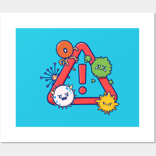 Cute Virus Cartoon With Stop Sign Cartoon Posters and Art